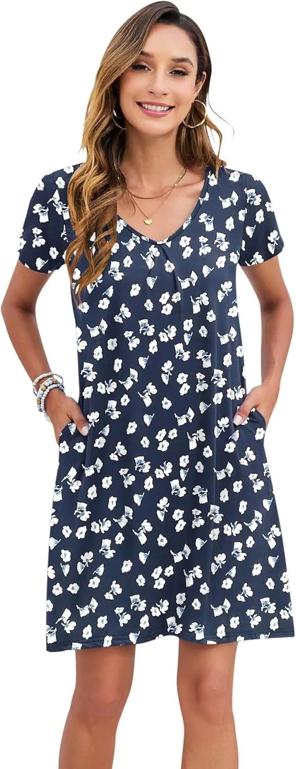 PLOKNRD Women's Casual Dress T-Shirt Summer Short Sleeve V Neck Chest Pleats Swing Dresses with Pockets 2025