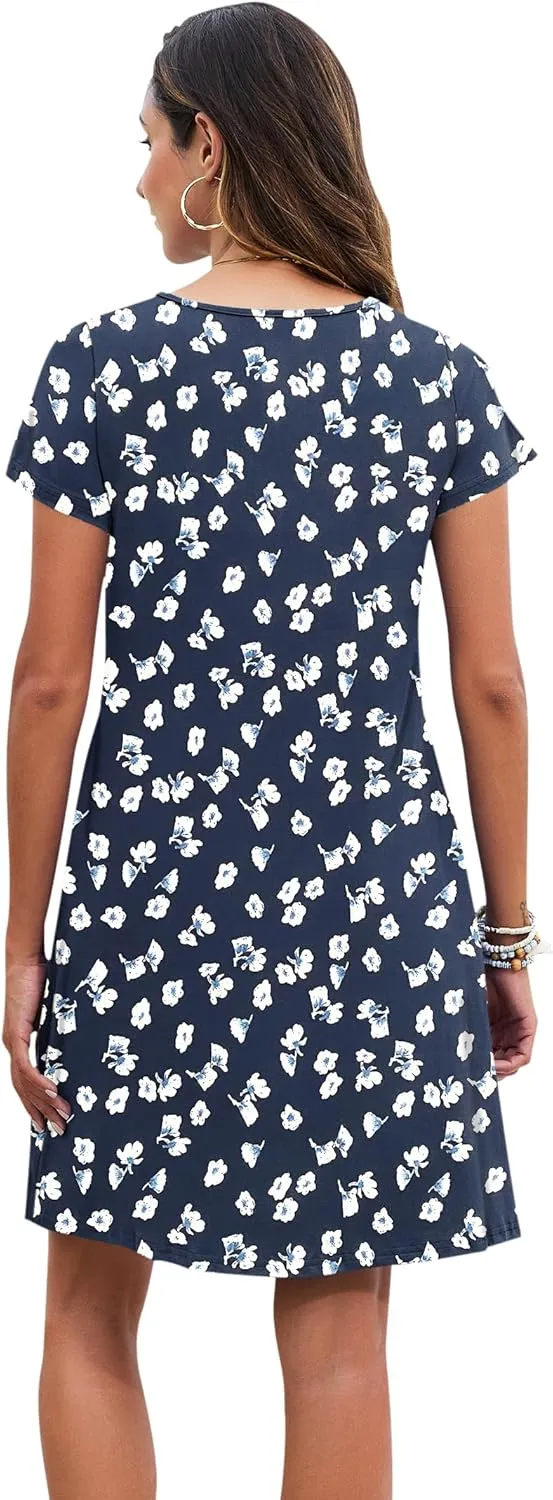 PLOKNRD Women's Casual Dress T-Shirt Summer Short Sleeve V Neck Chest Pleats Swing Dresses with Pockets 2025