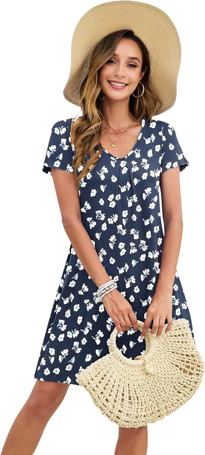 PLOKNRD Women's Casual Dress T-Shirt Summer Short Sleeve V Neck Chest Pleats Swing Dresses with Pockets 2025