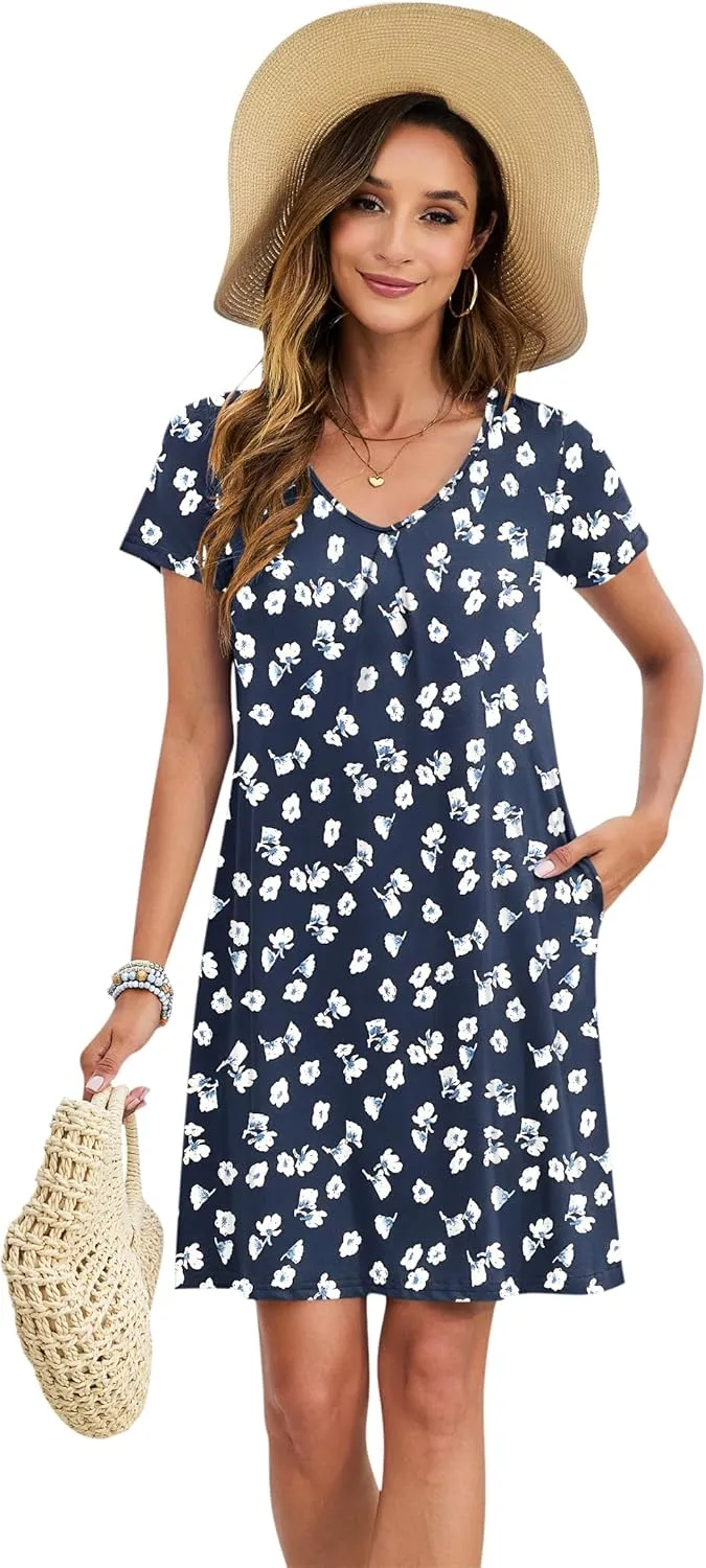 PLOKNRD Women's Casual Dress T-Shirt Summer Short Sleeve V Neck Chest Pleats Swing Dresses with Pockets 2025