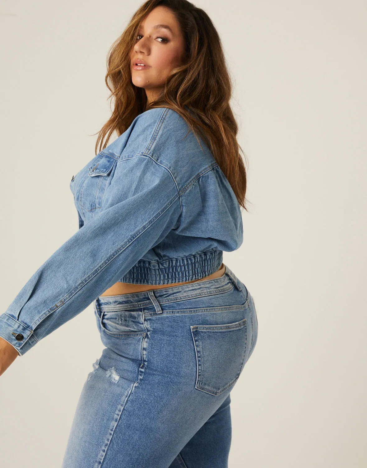Plus Size Elastic Hem Denim Jacket