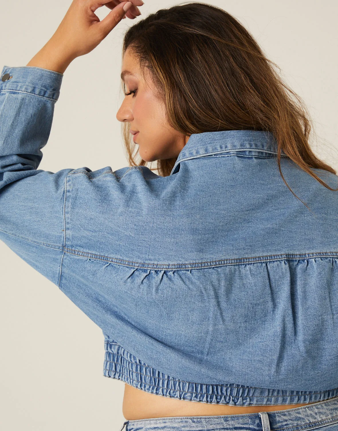 Plus Size Elastic Hem Denim Jacket