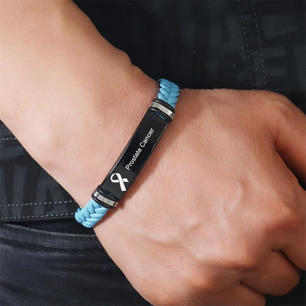 Prostate Cancer Gift for Men Women,Handmade Leather Light Blue Ribbon Awareness Wristbands Prostate Cancer Bracelet for Cancer Survivor Hospital Gifts Party Favors Giveaways