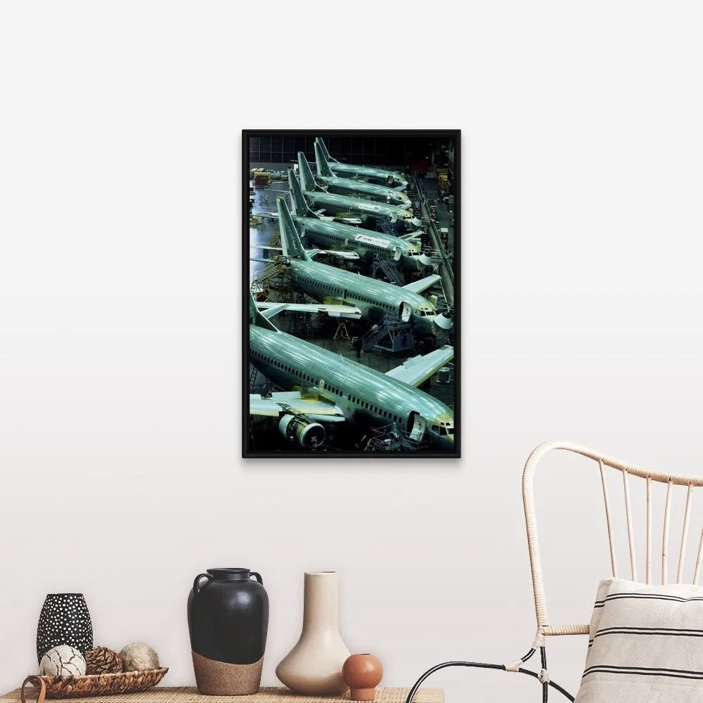 "Aircraft production, Boeing 737 passenger aircraft" Black Float Frame Canvas Art