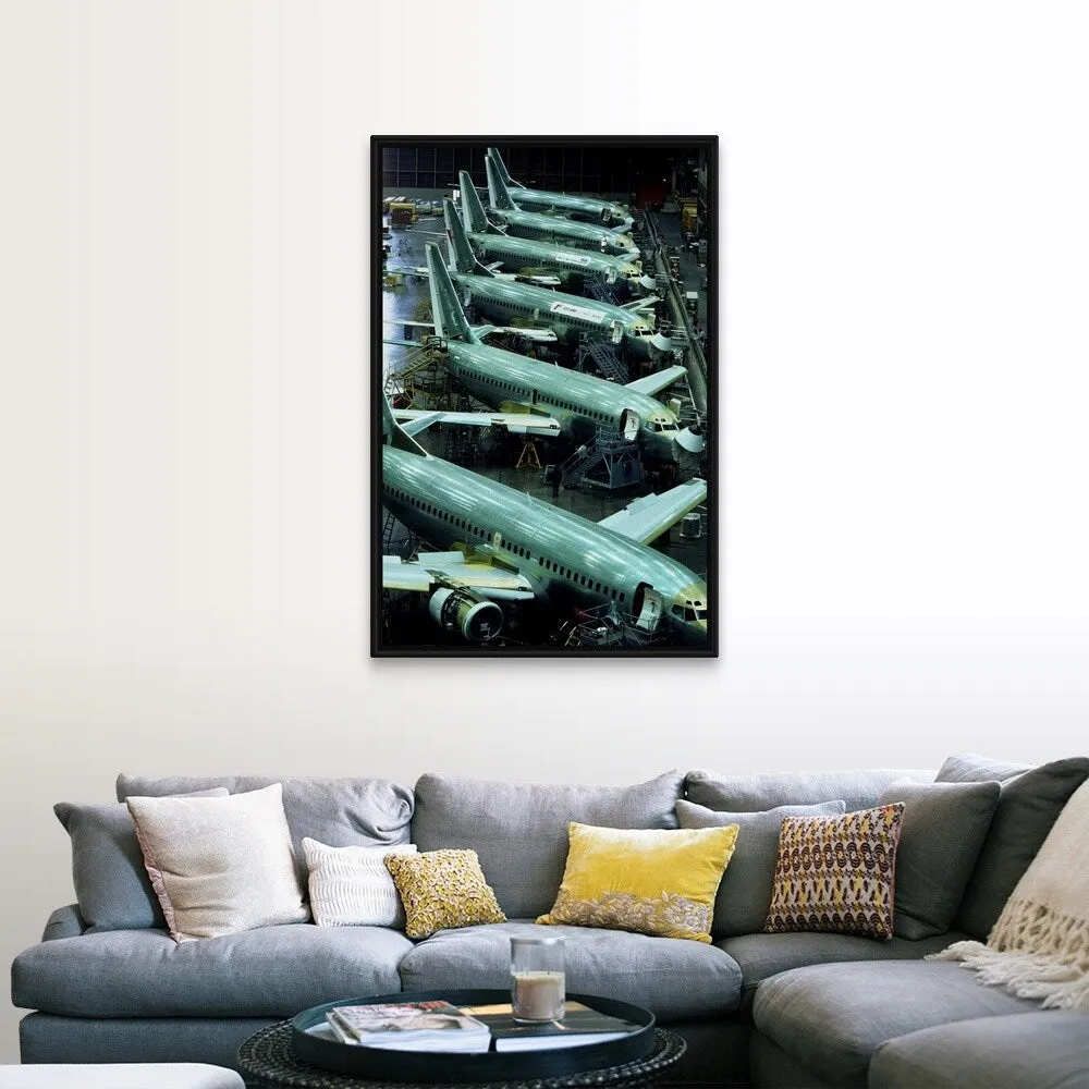 "Aircraft production, Boeing 737 passenger aircraft" Black Float Frame Canvas Art