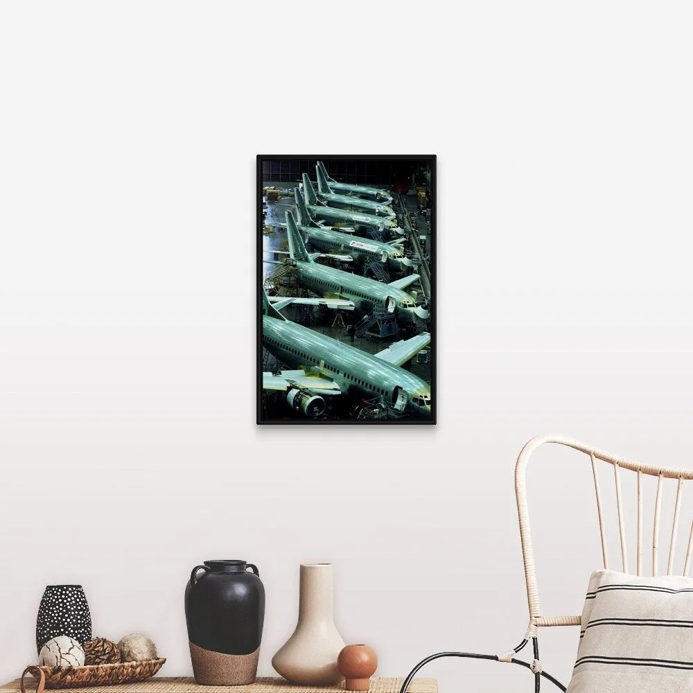"Aircraft production, Boeing 737 passenger aircraft" Black Float Frame Canvas Art