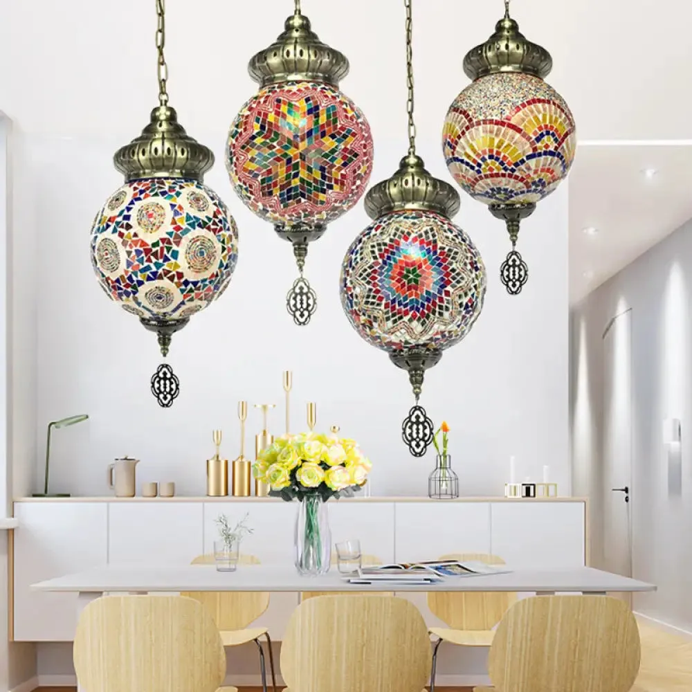 Retro Colorful Glass Sphere Suspension Light with 1/4 Hanging Lamp Heads - Ideal for Restaurants