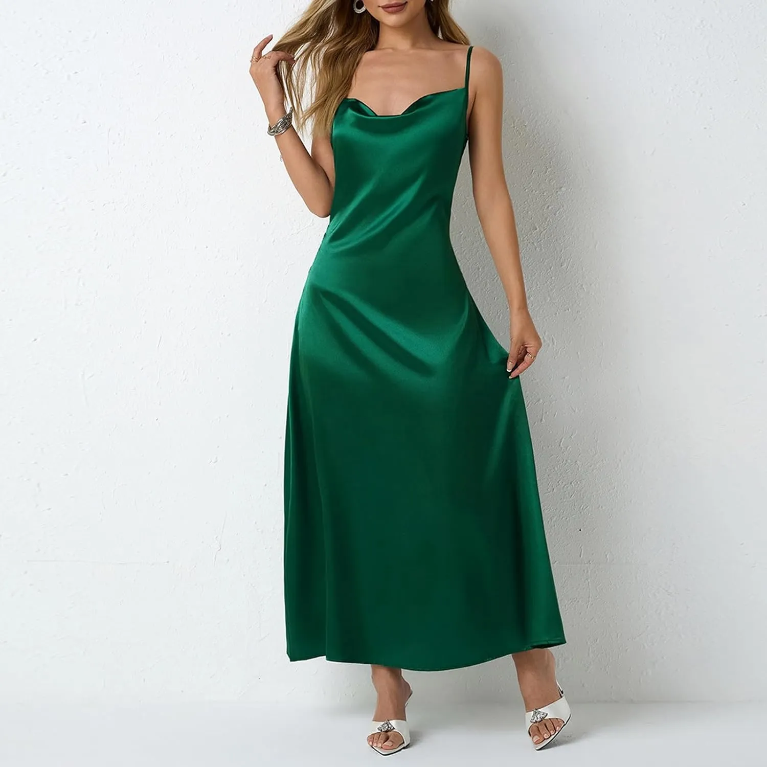 Satin Cocktail Dresses for Women 2025 Long Maxi Coctail Slip Dress Sleeveless Cowl Neck Adjustable Spaghetti Strap Dress