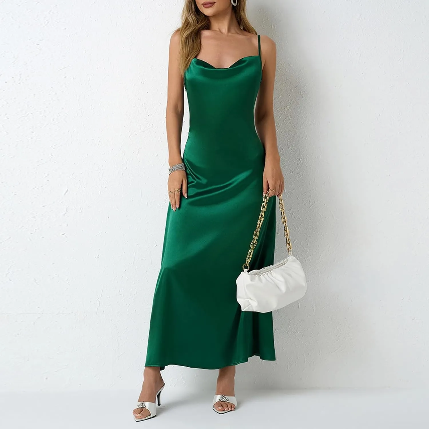 Satin Cocktail Dresses for Women 2025 Long Maxi Coctail Slip Dress Sleeveless Cowl Neck Adjustable Spaghetti Strap Dress