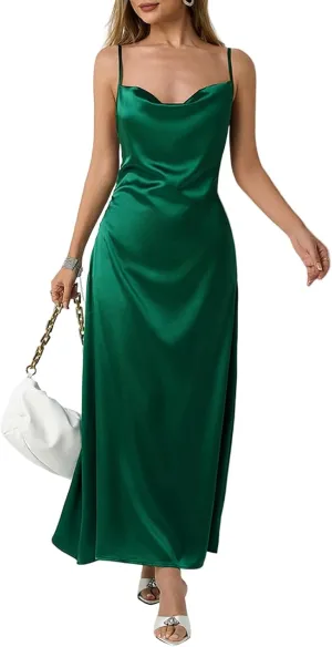Satin Cocktail Dresses for Women 2025 Long Maxi Coctail Slip Dress Sleeveless Cowl Neck Adjustable Spaghetti Strap Dress