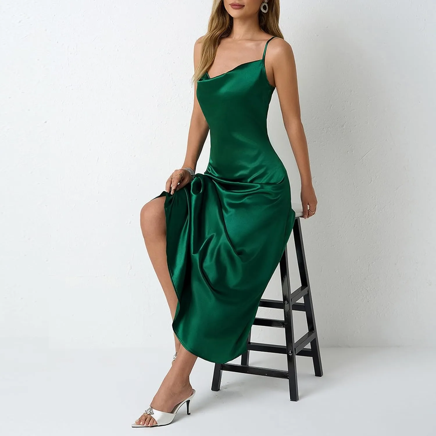 Satin Cocktail Dresses for Women 2025 Long Maxi Coctail Slip Dress Sleeveless Cowl Neck Adjustable Spaghetti Strap Dress