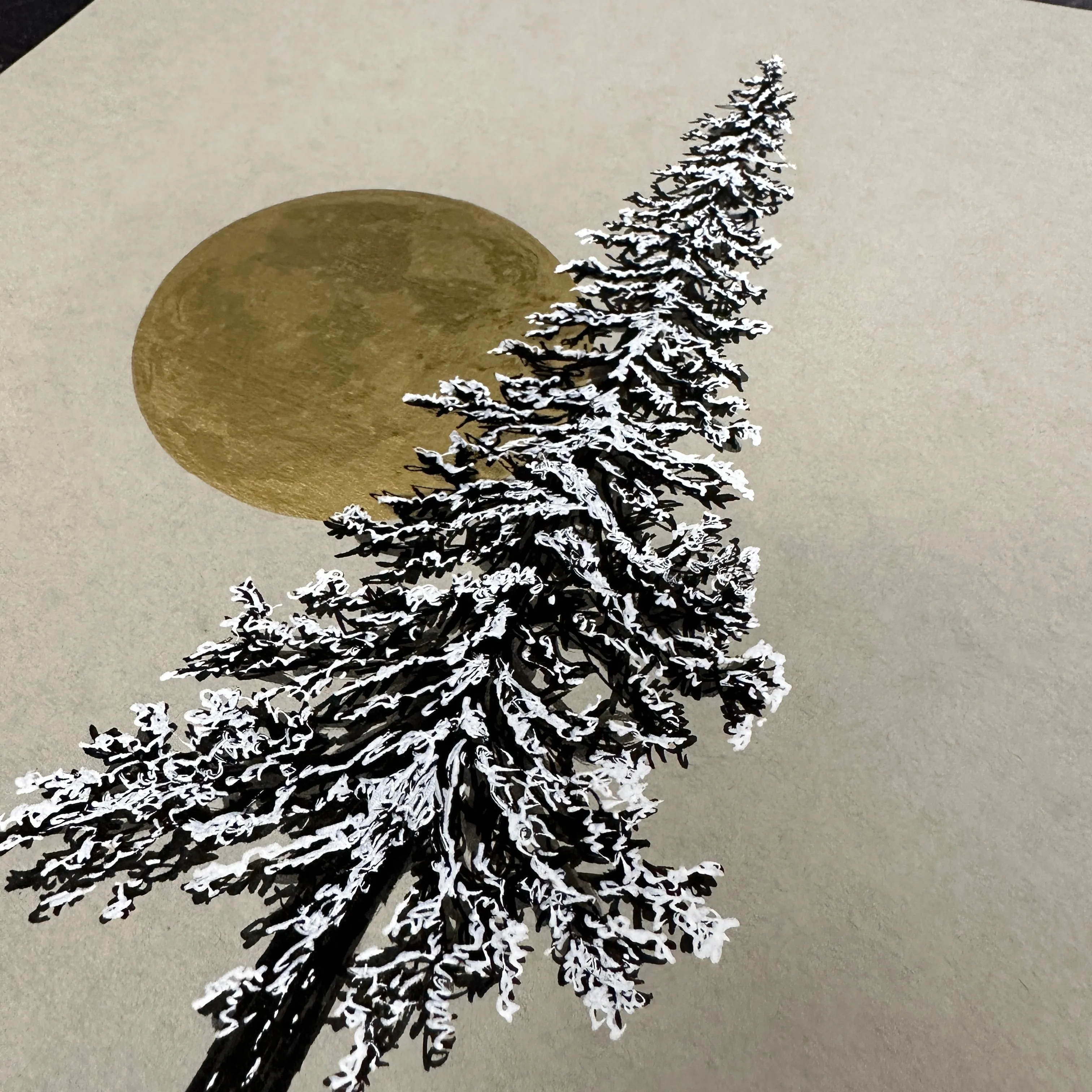 Snowy Tree with Full Moon on Gray - 8.5”x11” original drawing