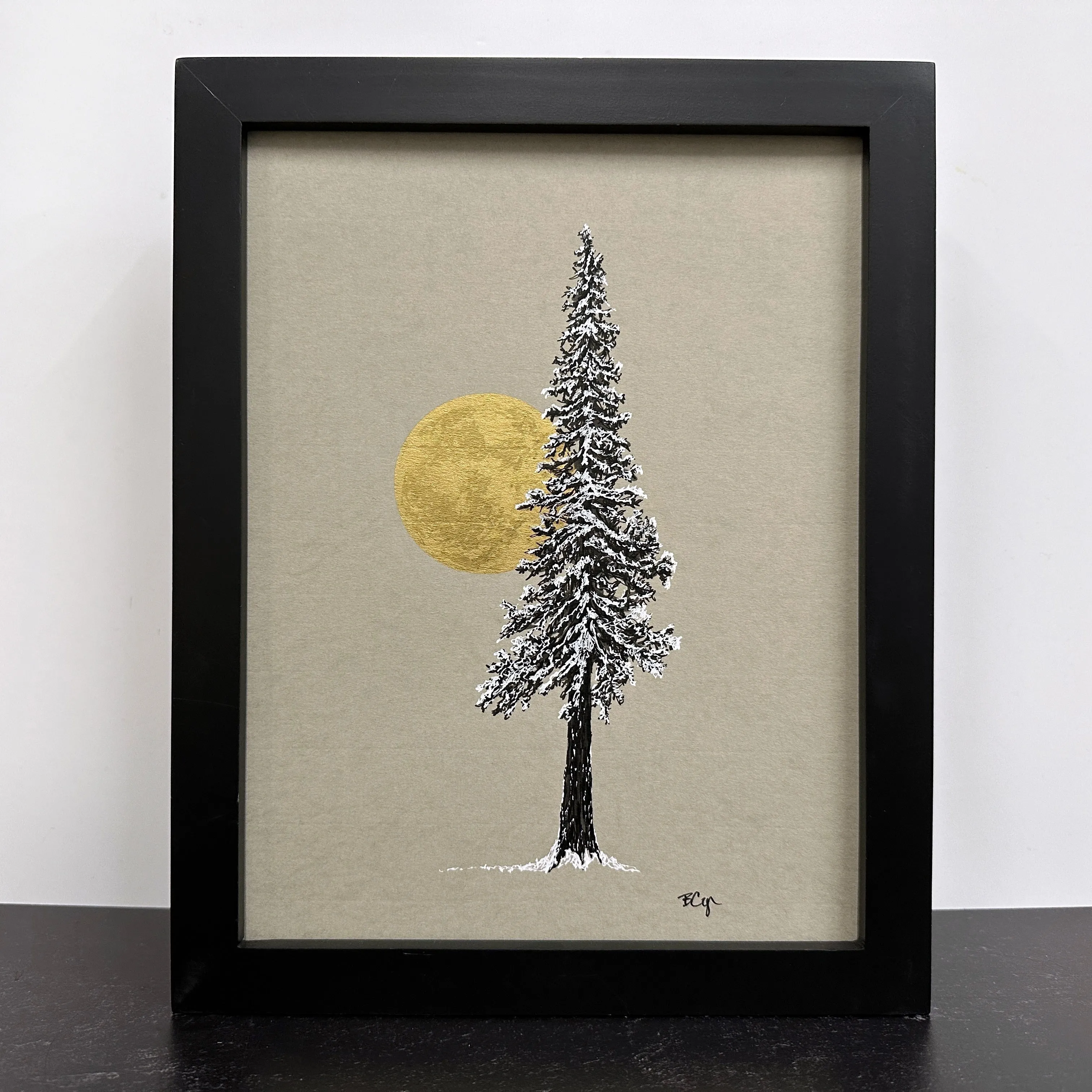 Snowy Tree with Full Moon on Gray - 8.5”x11” original drawing
