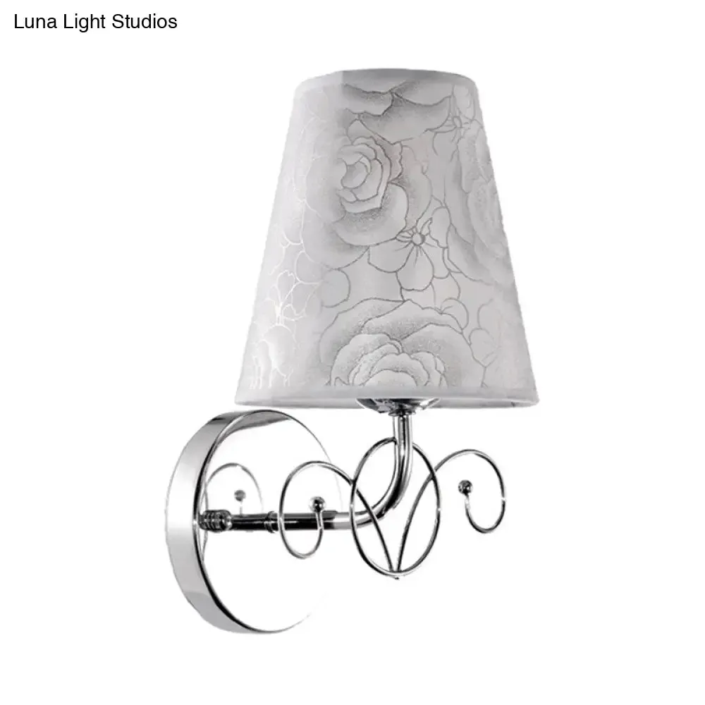 White Wall Lamp with Rose Print Fabric Cone Shade - 1-Light Countryside Sconce for Parlor