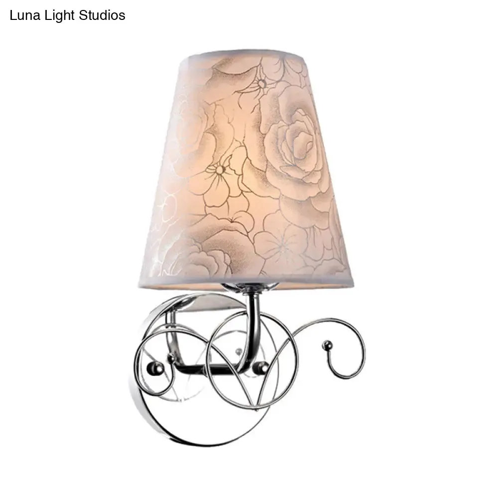 White Wall Lamp with Rose Print Fabric Cone Shade - 1-Light Countryside Sconce for Parlor