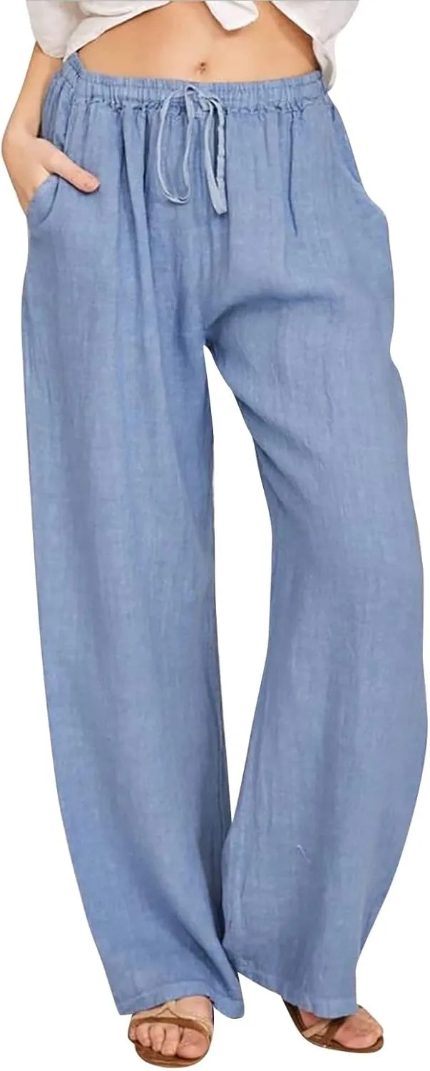 Wide Leg Linen Pants Women Summer Casual Linen Wide Leg Pants with Pockets Drawstring Beach Palazzo Pants Lounge Trousers, XX-Large, #C3-light Blue