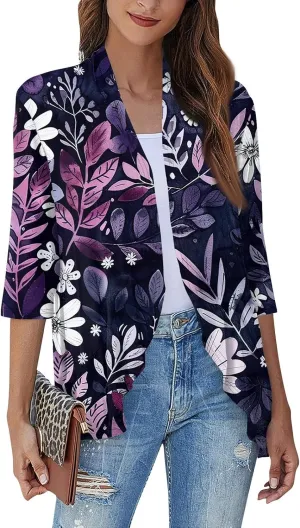 Women Cardigan 3/4 Sleeves Open Front Lightweight Cardigan Draped Ruffles Knit Cardigan Loose Casual Kimono Sweater