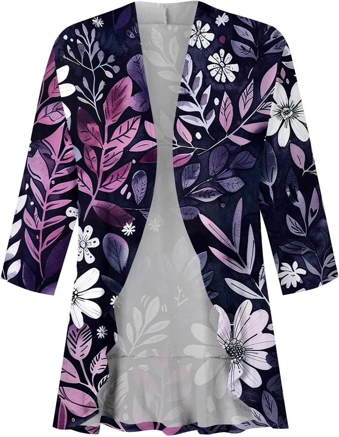 Women Cardigan 3/4 Sleeves Open Front Lightweight Cardigan Draped Ruffles Knit Cardigan Loose Casual Kimono Sweater