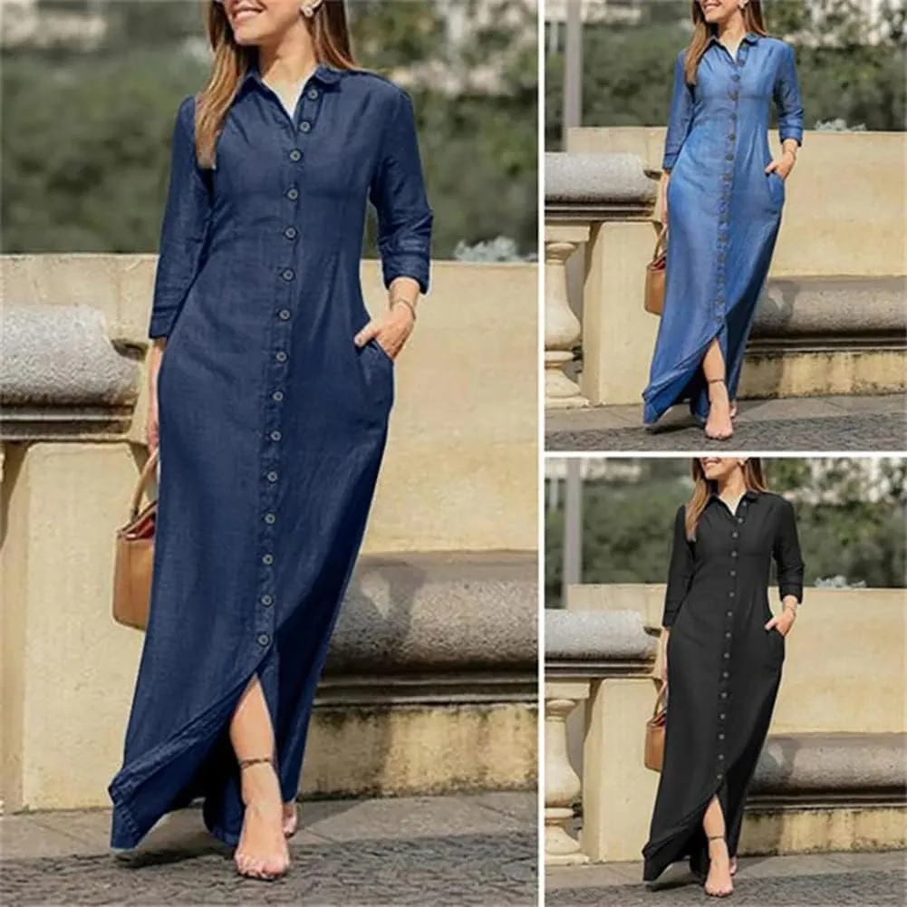 Womens Casual Long Sleeve Side Split Button Down Long Denim Dress Lapel Shirt Skirt for Fashion Cardigans - Light Blue L