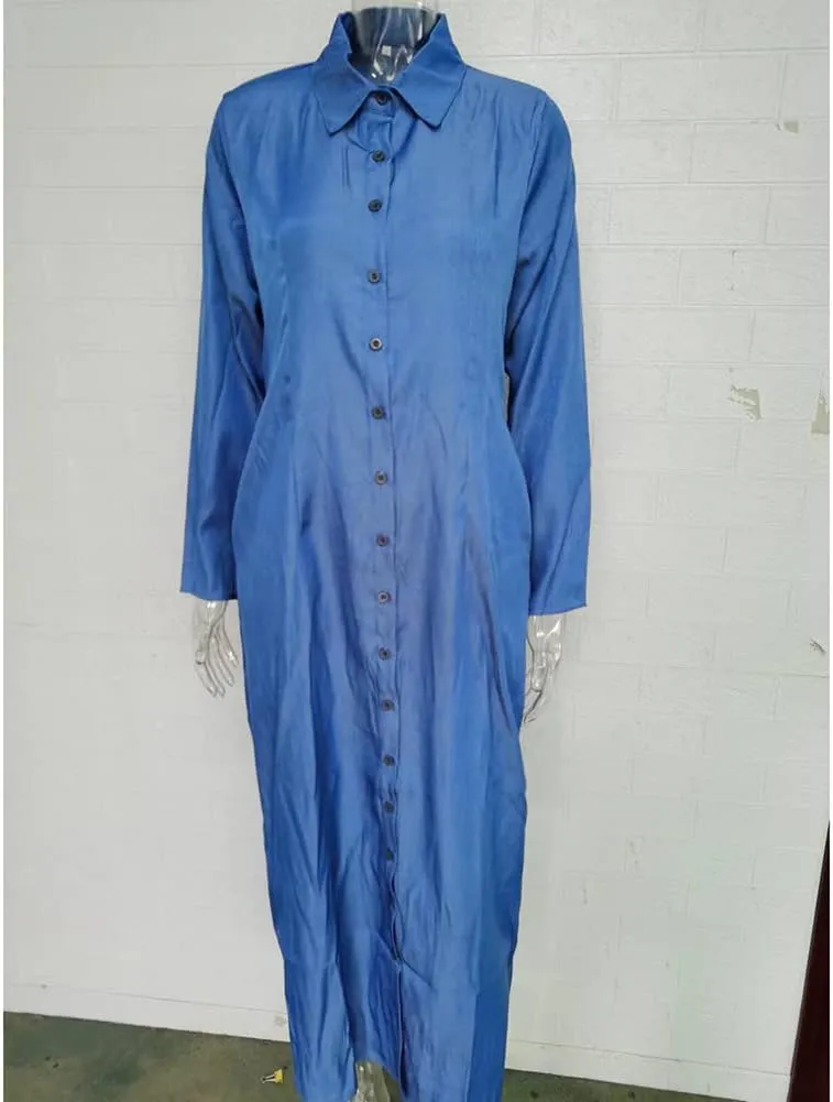 Womens Casual Long Sleeve Side Split Button Down Long Denim Dress Lapel Shirt Skirt for Fashion Cardigans - Light Blue L