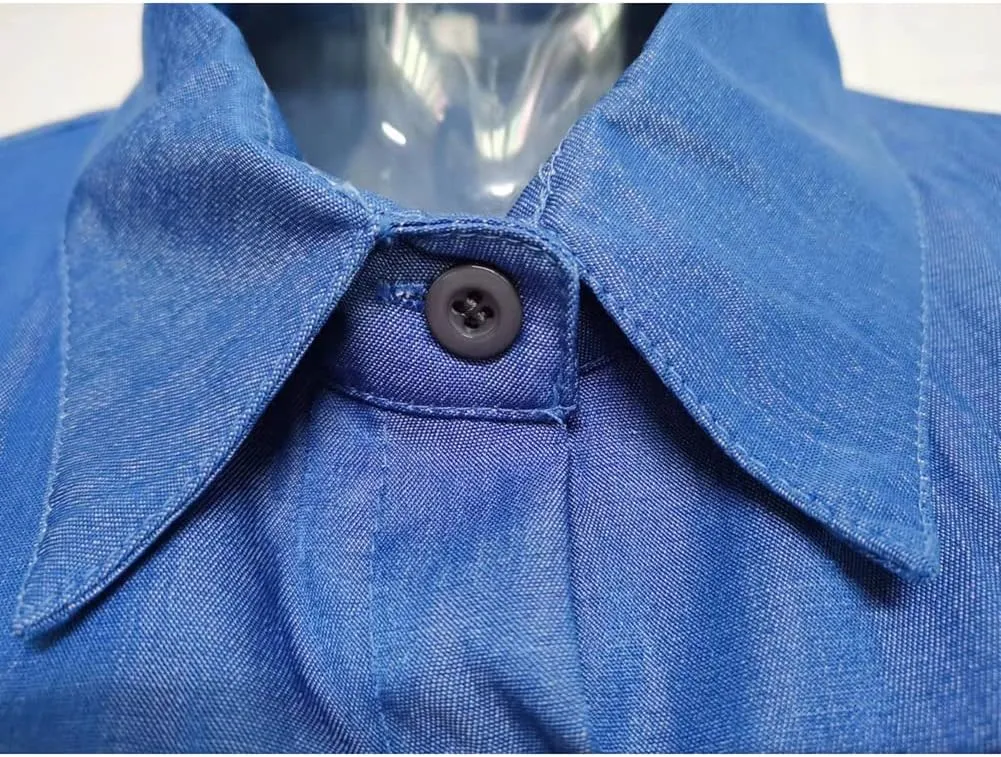 Womens Casual Long Sleeve Side Split Button Down Long Denim Dress Lapel Shirt Skirt for Fashion Cardigans - Light Blue L