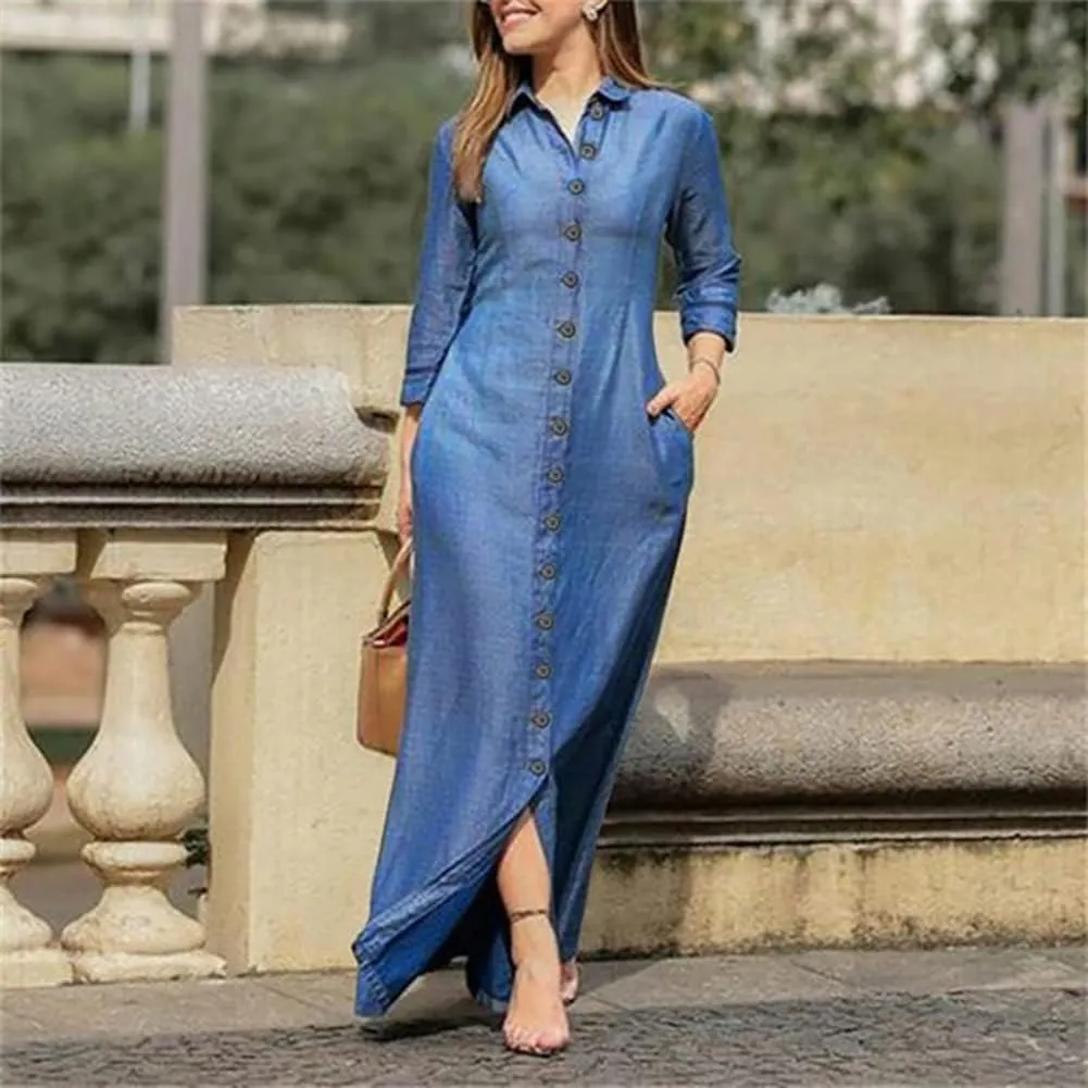 Womens Casual Long Sleeve Side Split Button Down Long Denim Dress Lapel Shirt Skirt for Fashion Cardigans - Light Blue L