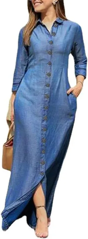 Womens Casual Long Sleeve Side Split Button Down Long Denim Dress Lapel Shirt Skirt for Fashion Cardigans - Light Blue L