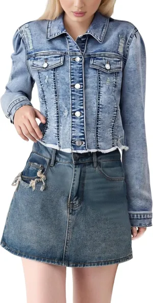 Women's Crop Denim Jacket Casual Long Sleeve Ripped Frayed Hem Jean Jackets