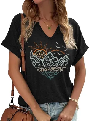 Women's V-Neck Outdoors Shirt Funny Camping Mountain Hiking Nature Lovers Adventure Graphic Tees Tops
