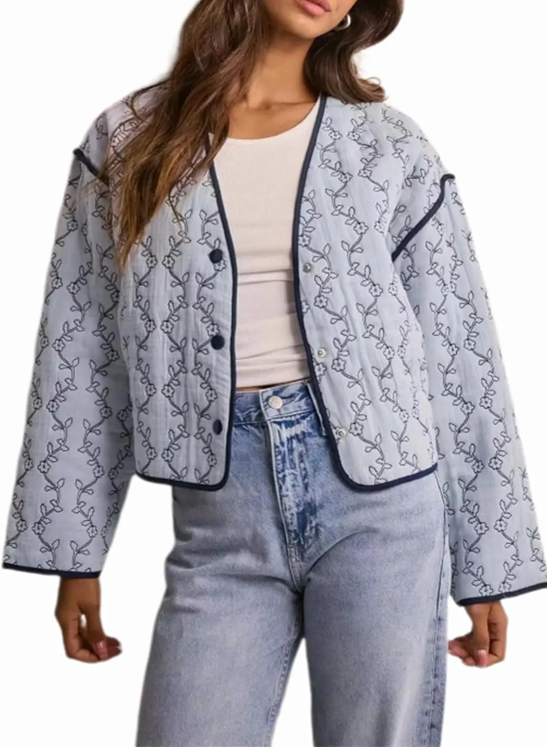 YKR Womens Cropped Quilted Puffer Jacket Floral Gingham Printed Padded Coat Button Down Lightweight Jackets