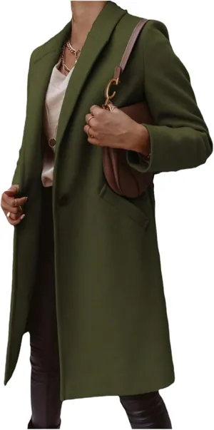 ZWRXW Womens Fall Winter Woolen Coat Trendy Loose Elegant Lapel Trench Classy Solid Button Work Long Jacket with Pocket
