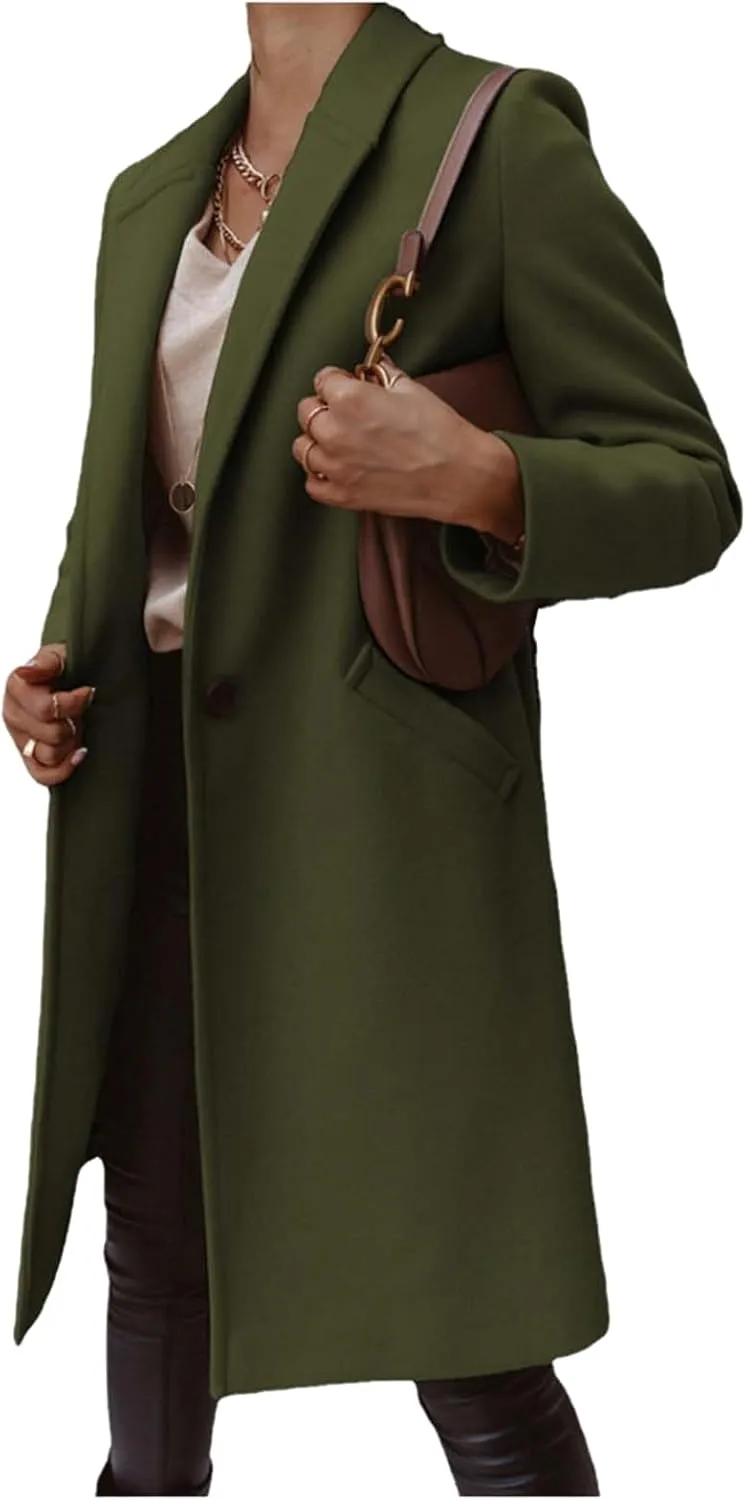 ZWRXW Womens Fall Winter Woolen Coat Trendy Loose Elegant Lapel Trench Classy Solid Button Work Long Jacket with Pocket